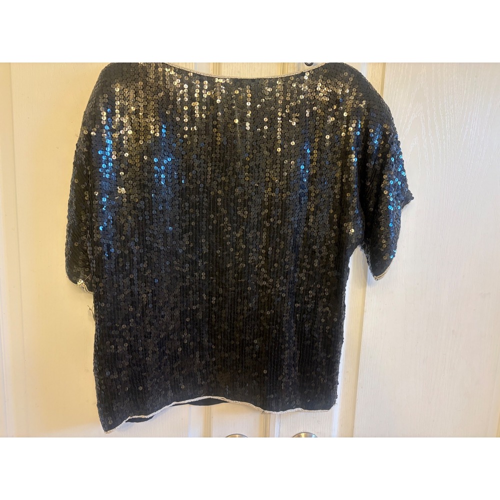 Jean for Joseph Le Bon Vintage Silk Sequin Blouse Black Gold Silver Feather S - Picture 5 of 8